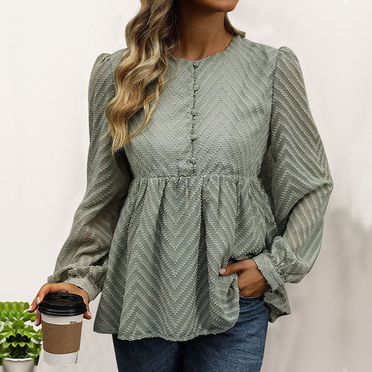 Damen Chiffon-Peplum-Bluse mit Chevron-Struktur, geraffter Empire-Taille & Knopfleiste Shop Nory