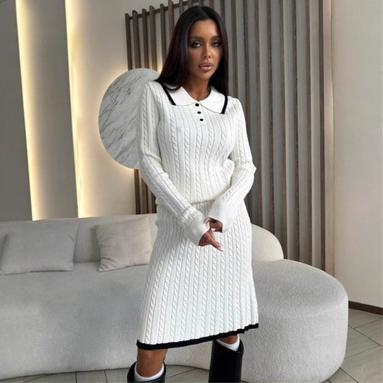 Damen Zweiteiliges Zopfstrick-Kleid mit Taillenbund und Polokragen Shop Nory