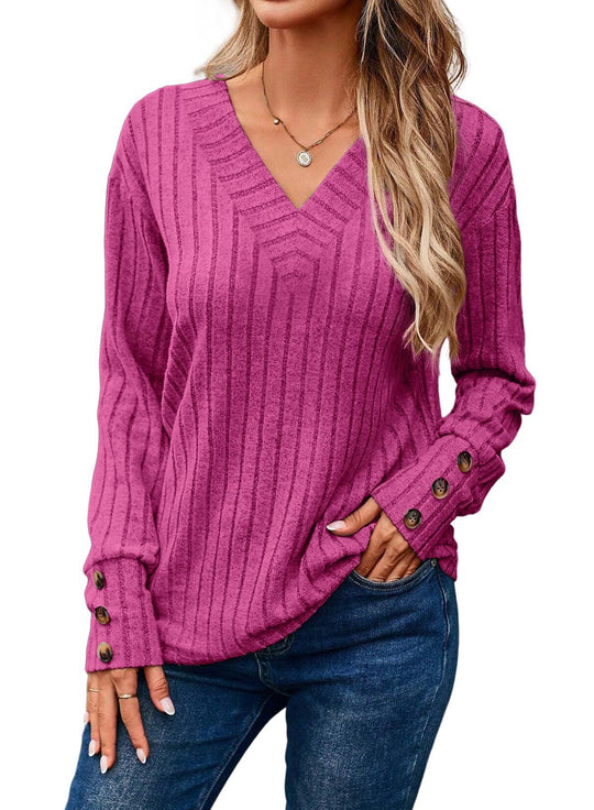 Damen Gerippter V-Ausschnitt Strickpullover mit Knopfmanschetten Shop Nory