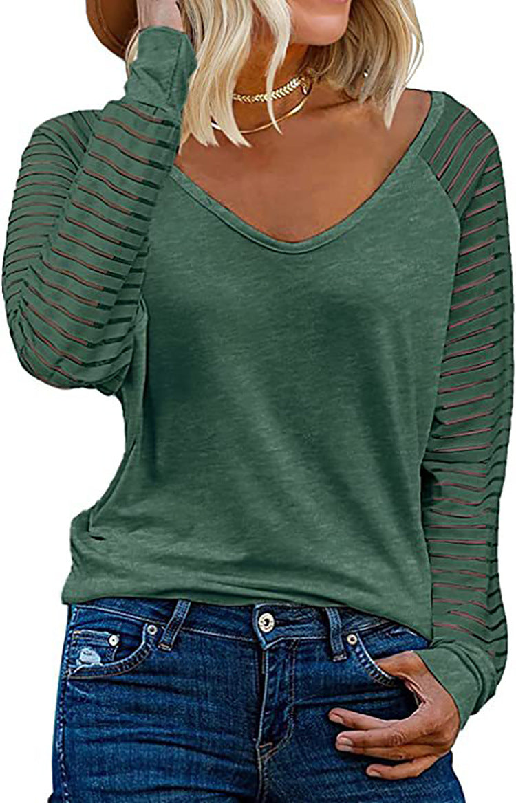 Damen Langärmliges V-Ausschnitt Shirt mit gestreiften Ärmeln