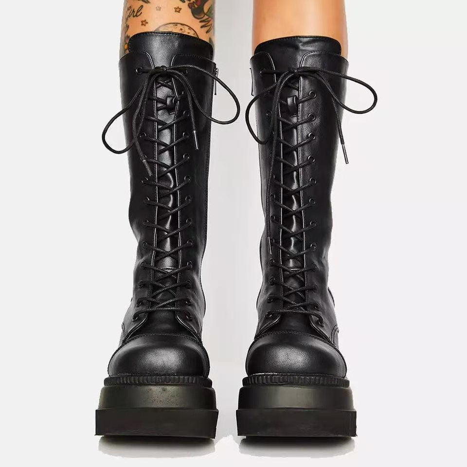 Damen Hochwertige Schnürstiefel mit Plateauabsatz und seitlichem Reißverschluss
