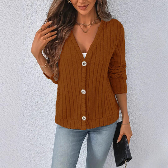 Damen gerippter V-Ausschnitt Strickcardigan mit dekorativen Knöpfen, leicht überschnittener Schulter und kastigem Saum Shop Nory