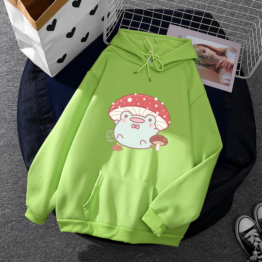 Damen nan weicher Oversize-Kapuzenpullover mit kawaii Pilzfrosch-Print, Kängurutasche und gerippten Bündchen Shop Nory