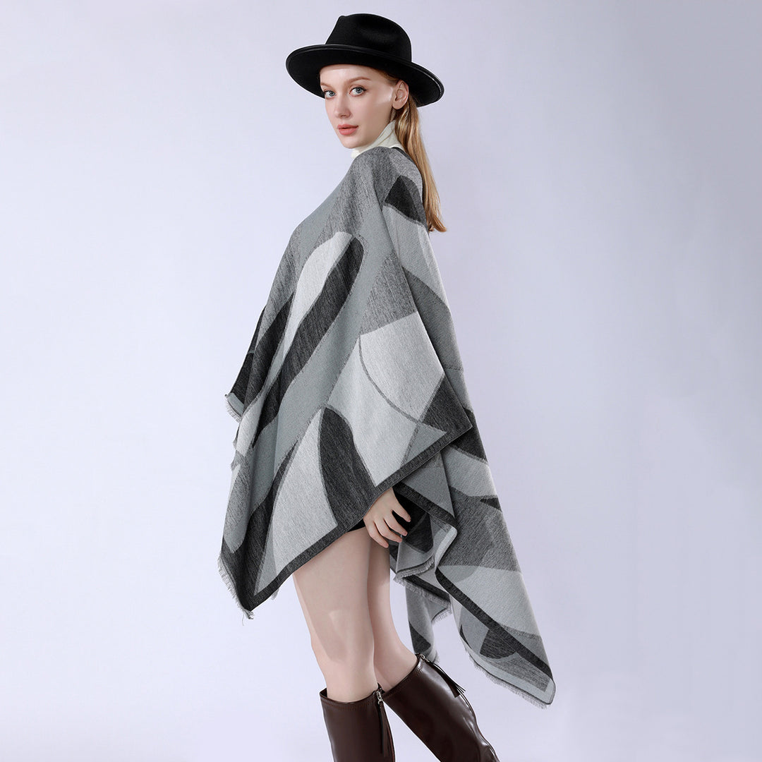 Damen Oversize-Poncho mit V-Ausschnitt und geometrischem Jacquard-Design Shop Nory