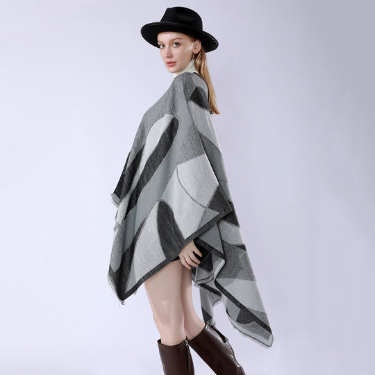 Damen Oversize-Poncho mit V-Ausschnitt und geometrischem Jacquard-Design Shop Nory