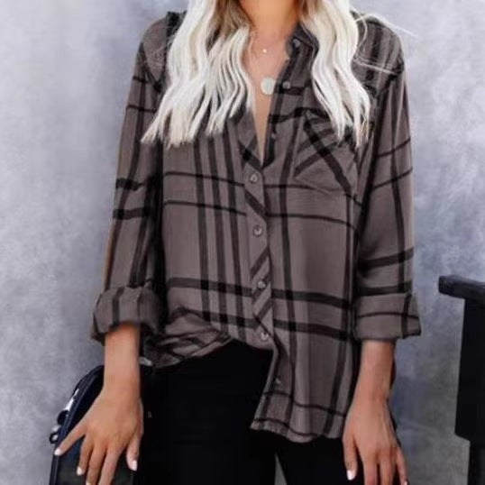 Damen Oversize-Hemdbluse mit Karomuster, Brusttasche und umkrempelbaren Ärmeln Shop Nory