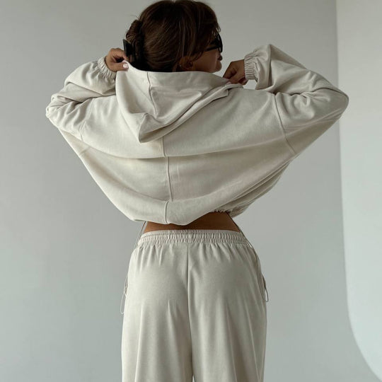 Damen Velours-Cropped-Kapuzenjacke mit Ballonärmeln und weiter Palazzo-Sweathose Shop Nory