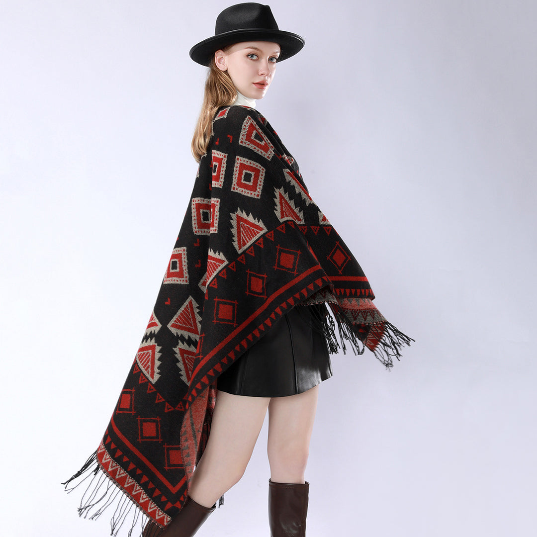 Damen Zweilagiger Kapuzen-Überwurf mit asymmetrischem Fransensaum und geometrischem Jacquard Shop Nory