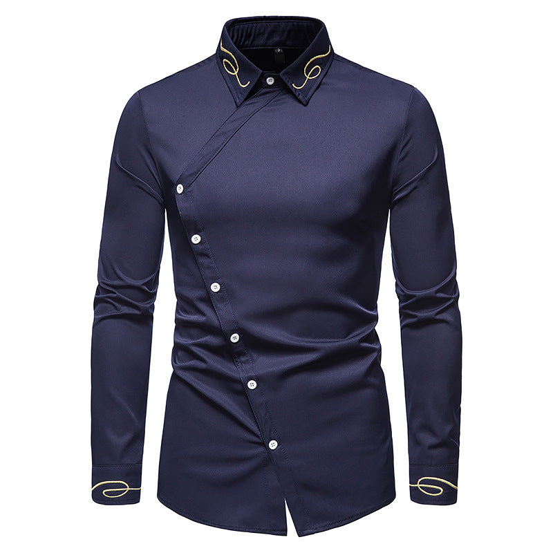 Herren Elegantes Langarmhemd mit asymmetrischem Knopfdesign und gesticktem Kragen