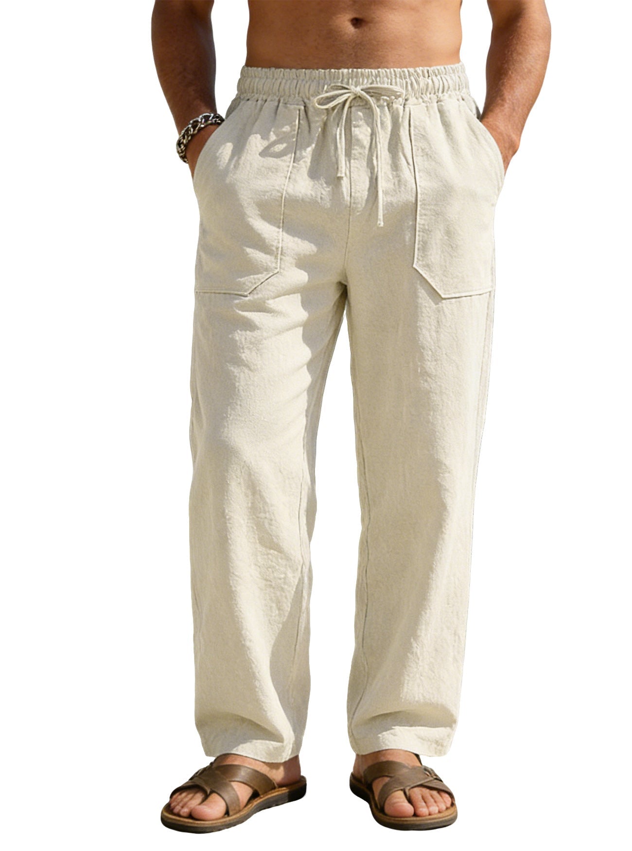 Herren nan weite Relaxhose aus Leinen-Mix mit Kordelbund und aufgesetzten Beintaschen Shopnory