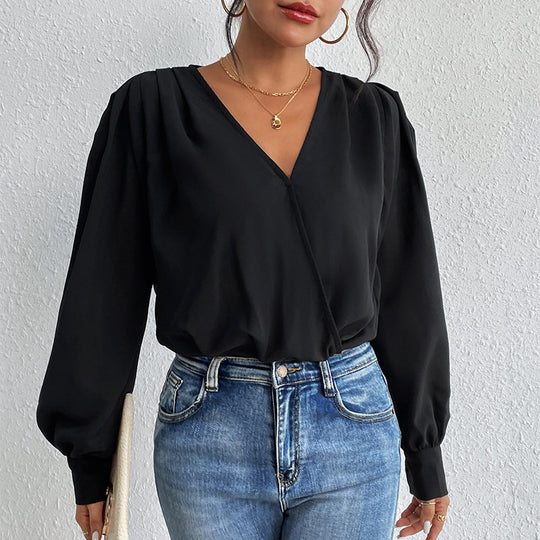 Damen Wickelbluse mit V-Ausschnitt, gepufften Schultern und elastischem Saum Shop Nory