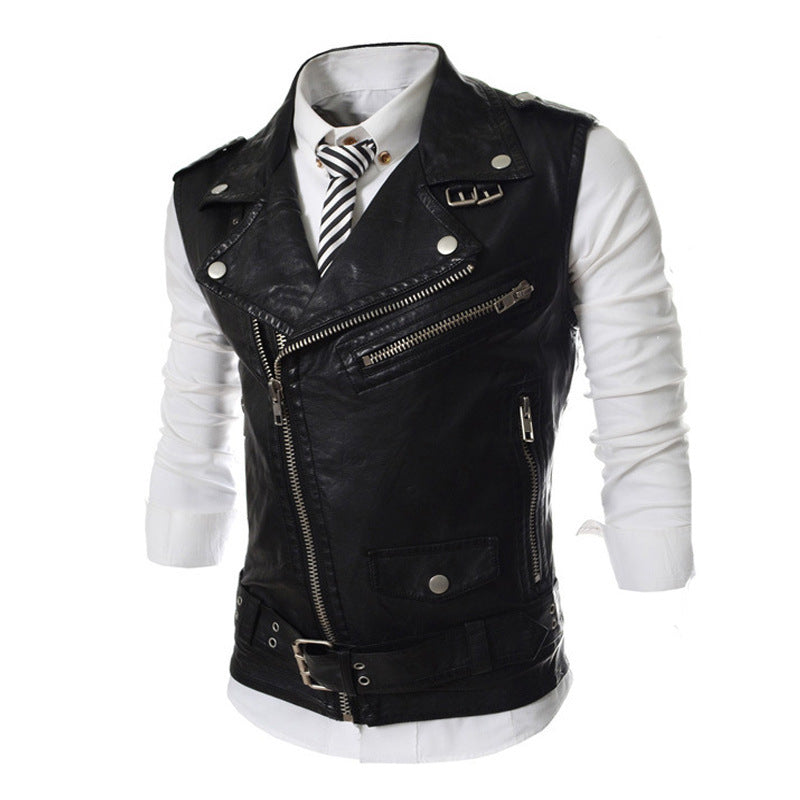 Herren ärmellose Bikerweste mit asymmetrischem Reißverschluss, Ziergürteln und Metallakzenten Shop Nory