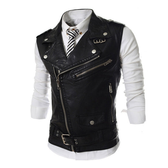 Herren ärmellose Bikerweste mit asymmetrischem Reißverschluss, Ziergürteln und Metallakzenten Shop Nory