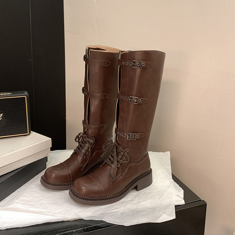 Damen kniehohe Schnürstiefel mit Zier- und Verstellschnallen Shop Nory