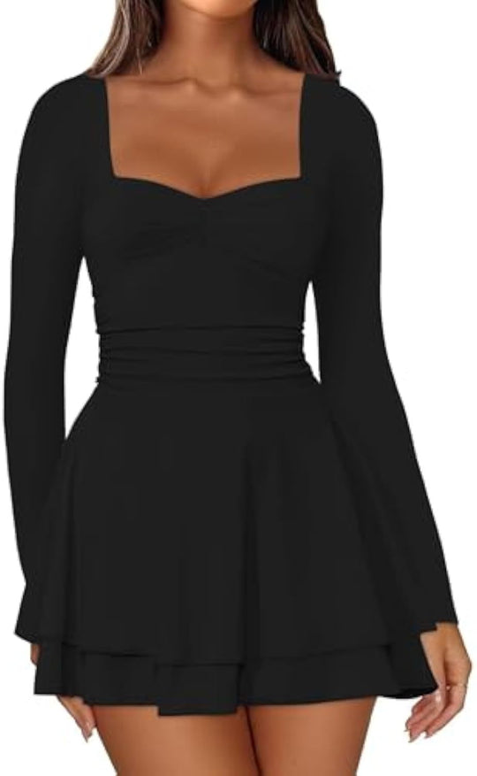 Damen Langarm-Minikleid mit quadratischem Ausschnitt, taillierter Raffung und zweilagigem Volantrock Shop Nory