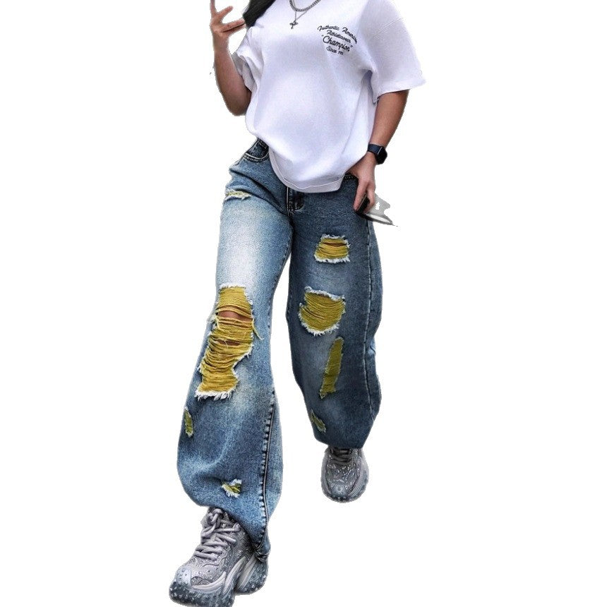 Damen weite High-Waist Jeanshose mit Destroyed-Details und kontrastierendem Unterfutter Shop Nory