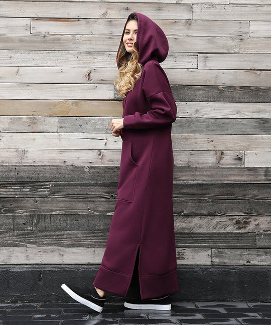 Damen nan langes Kapuzen-Sweatkleid mit Kängurutasche, Seitenschlitzen und lockerer Oversize-Passform Shop Nory
