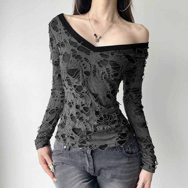 Damen nan transparentes Distressed-Spitzenshirt mit V-Ausschnitt, langärmeligem Layer-Look und innenliegendem Cami Shop Nory