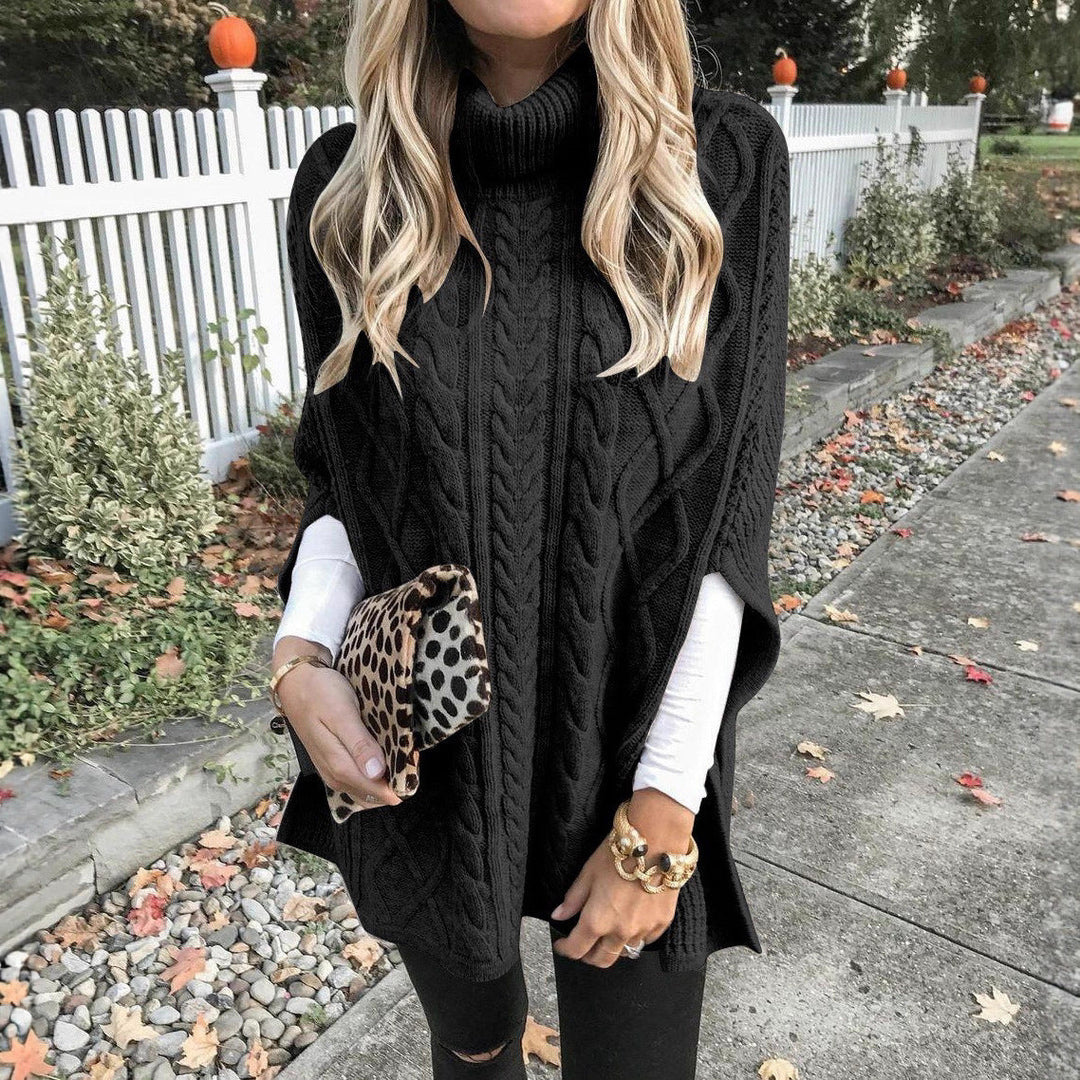 Damen Strickponcho mit hohem Kragen und aufwendigem Zopfmuster
