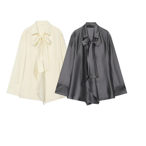 Damen Oversize-Seidenoptik-Bluse mit Schleifenkragen und asymmetrischem Saum Shop Nory