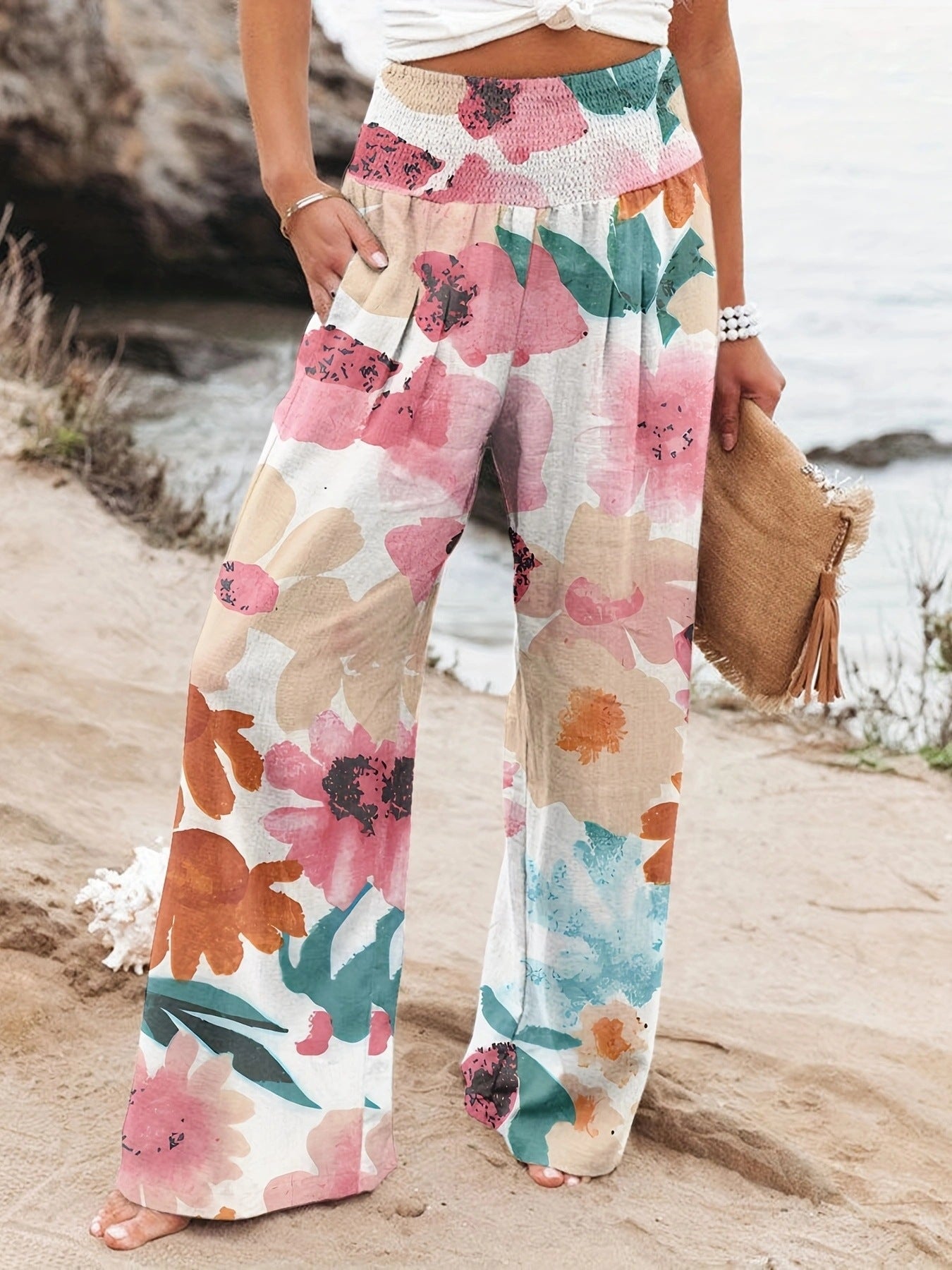 Damen Weit geschnittene Sommerhose mit floralem Print und elastischem Bund Shopnory
