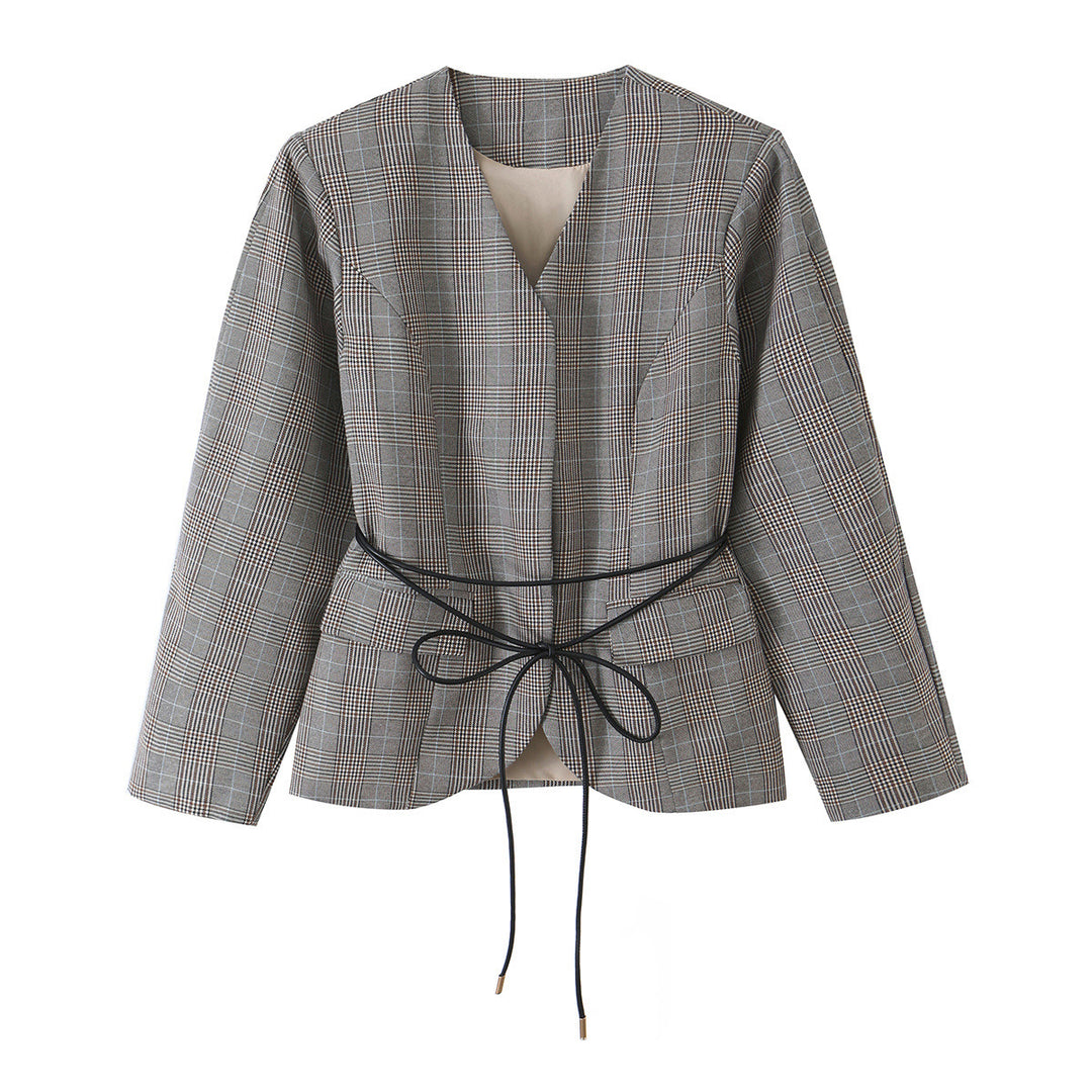 Damen Taillierter Glencheck-Blazer mit V‑Ausschnitt und Wickelgürtel Shop Nory
