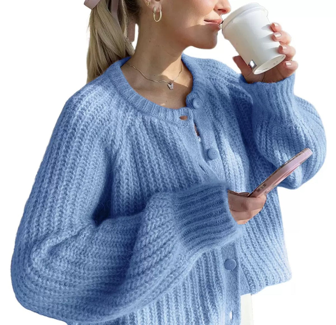 Damen Oversize Mohair-Effekt Strickjacke mit Rippenstruktur und Rundhalsausschnitt Shop Nory