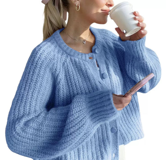 Damen Oversize Mohair-Effekt Strickjacke mit Rippenstruktur und Rundhalsausschnitt Shop Nory