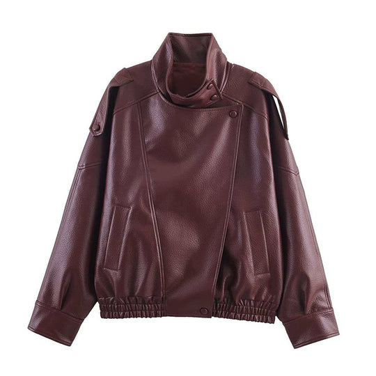 Damen Oversize Bikerjacke aus Kunstleder mit Stehkragen und Schulterklappen Shop Nory