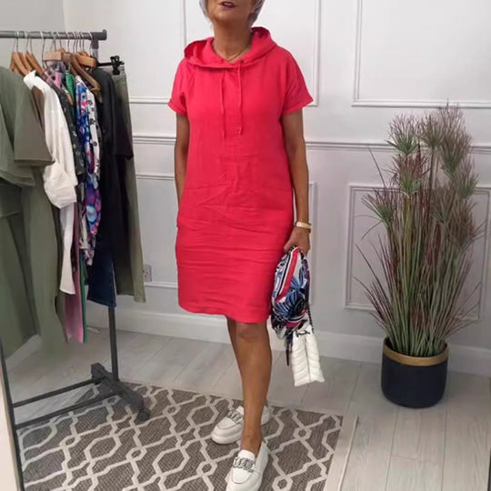 Damen nan legeres Kapuzenkleid mit kurzem Ärmel, geradem Schnitt und Kordelzug