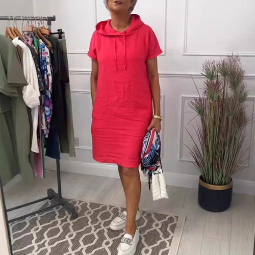 Damen nan legeres Kapuzenkleid mit kurzem Ärmel, geradem Schnitt und Kordelzug