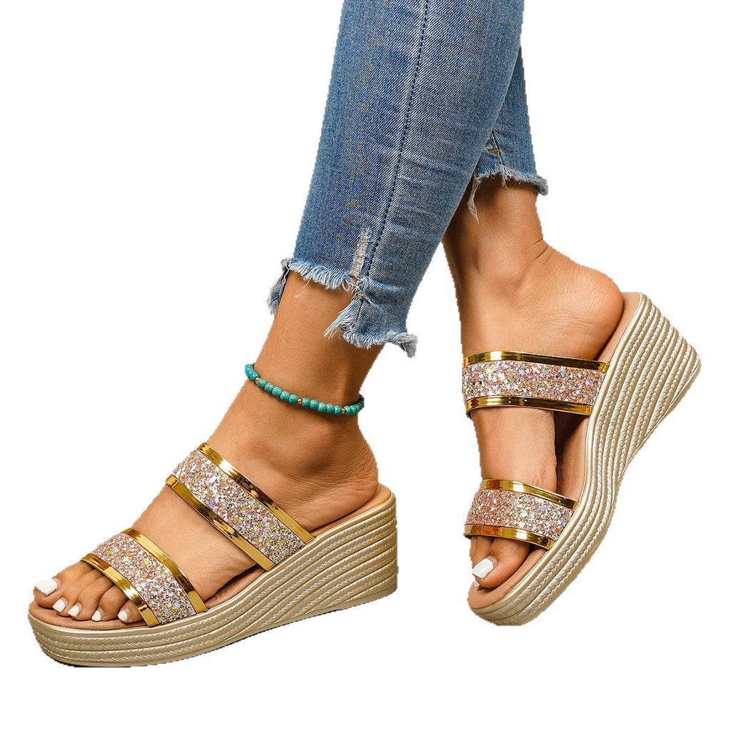 Damen Wedge-Sandalen mit funkelndem Glitter-Design und elegantem Riemensystem Shopnory
