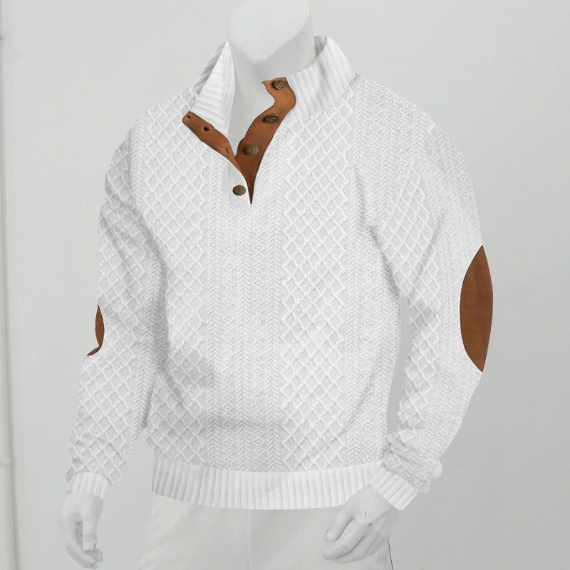 Herren Strukturiertes Zopfmuster-Henley-Pullover mit Lederbesatz an Ellbogen & Knopfleiste Shop Nory