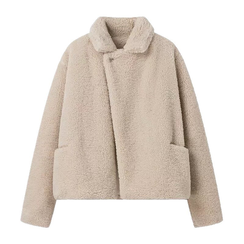 Damen Kurz geschnittene Teddyjacke im Lammfell‑Look mit Oversize‑Reverskragen Shop Nory
