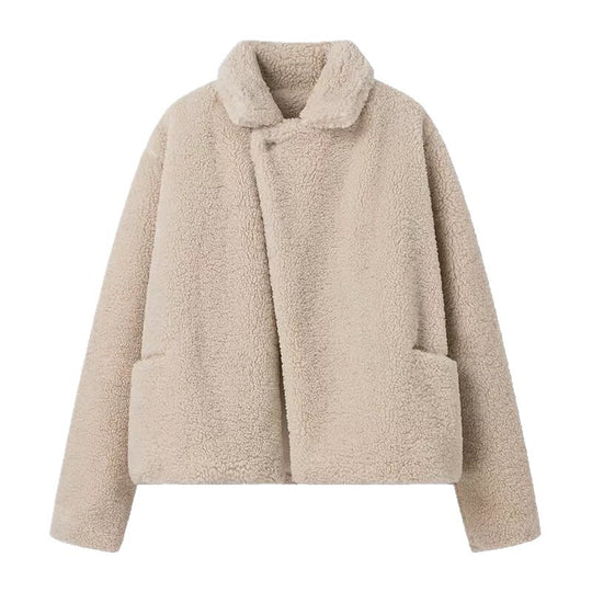 Damen Kurz geschnittene Teddyjacke im Lammfell‑Look mit Oversize‑Reverskragen Shop Nory