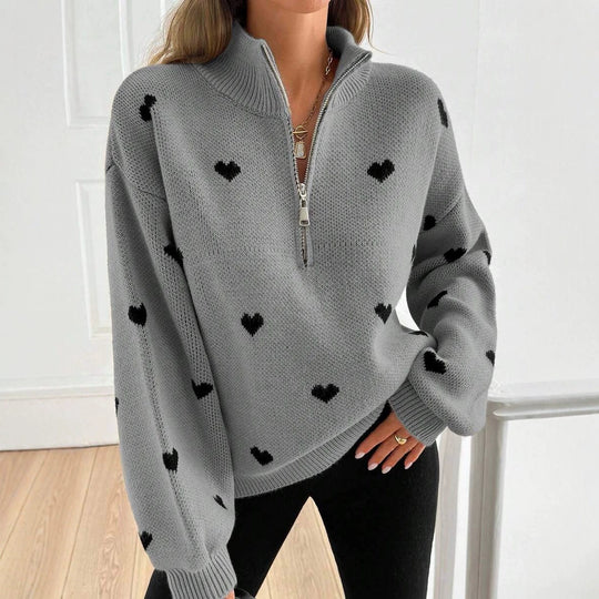 Damen Oversize Strickpullover mit Half-Zip und Herzmotiv Shop Nory