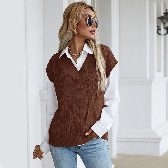 Damen Grobgestrickte Oversize-Weste mit tiefem V‑Ausschnitt und Rippsaum Shop Nory