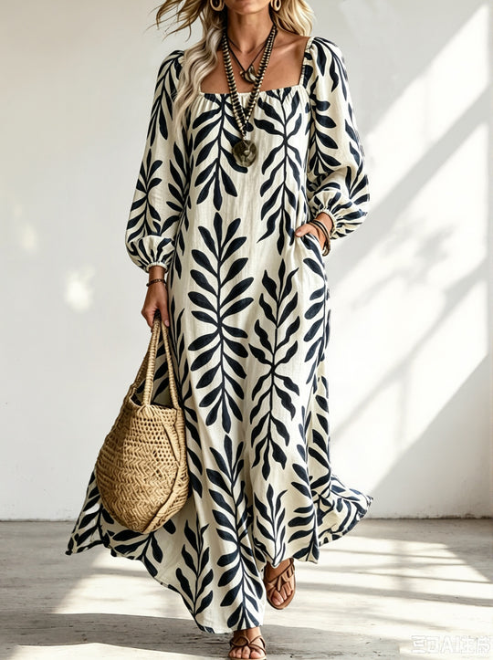 Damen Maxikleid mit quadratischem Ausschnitt, Ballonärmeln und botanischem Print Shop Nory
