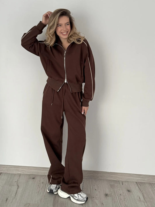 Damen Weiches Baumwoll-Mix Jogging-Set mit Stehkragen, Tunnelzugtaillen und seitlichen Kontraststreifen Shop Nory