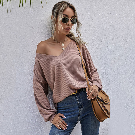 Damen Lockeres Waffelstrick-Longsleeve mit V-Ausschnitt und gerippten Bündchen Shop Nory