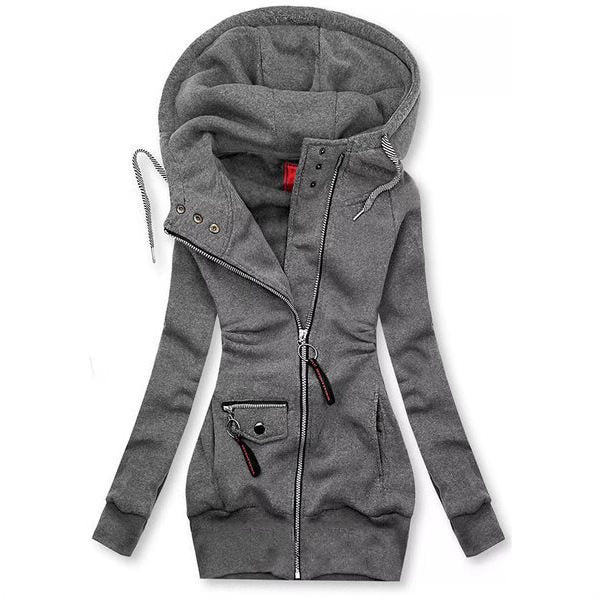 Damen Lange Kapuzenjacke mit asymmetrischem Reißverschluss und Zip‑Tasche Shop Nory