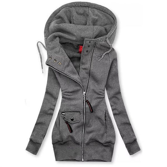Damen Lange Kapuzenjacke mit asymmetrischem Reißverschluss und Zip‑Tasche Shop Nory