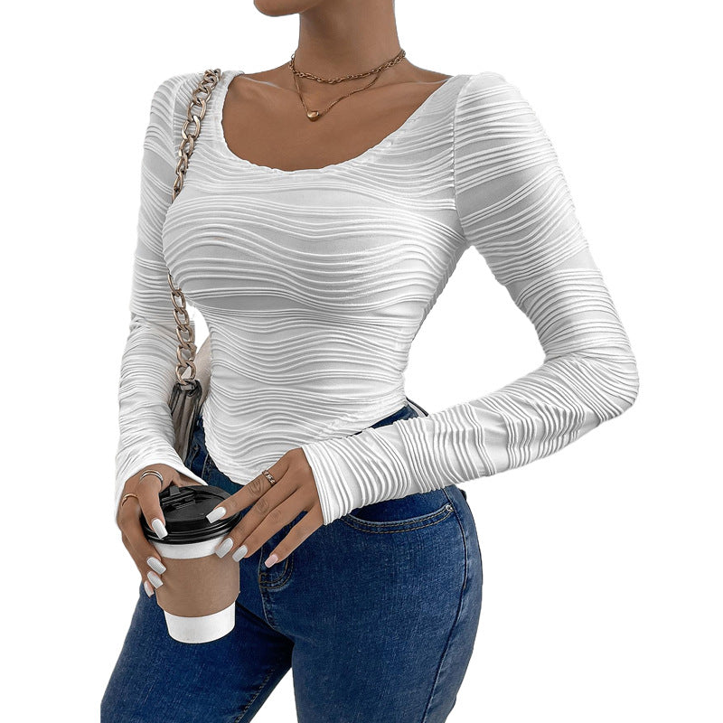Damen Enganliegendes Struktur-Langarmshirt mit Wellenstruktur und U-Ausschnitt Shop Nory