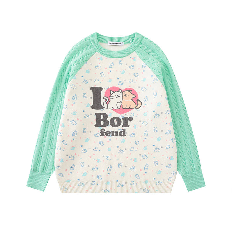 Damen Strickpullover mit Raglanärmeln, Zopfmuster-Ärmeln und Cartoon-Katzenfrontprint Shop Nory
