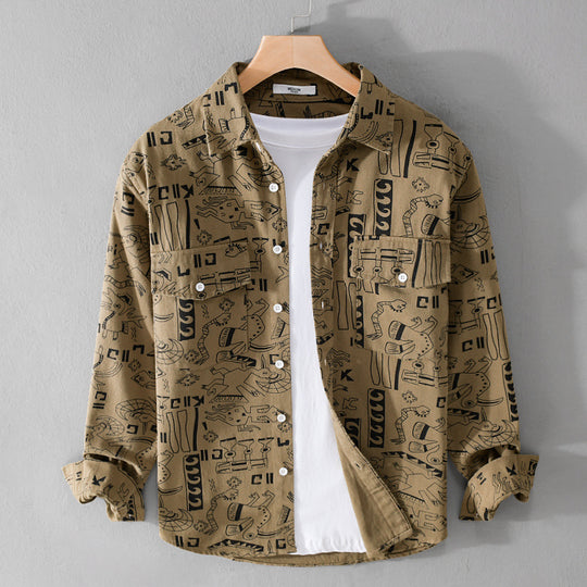 Herren Leichtes Baumwoll-Overshirt mit künstlerischem Linien-Print und doppelter Brusttasche Shop Nory