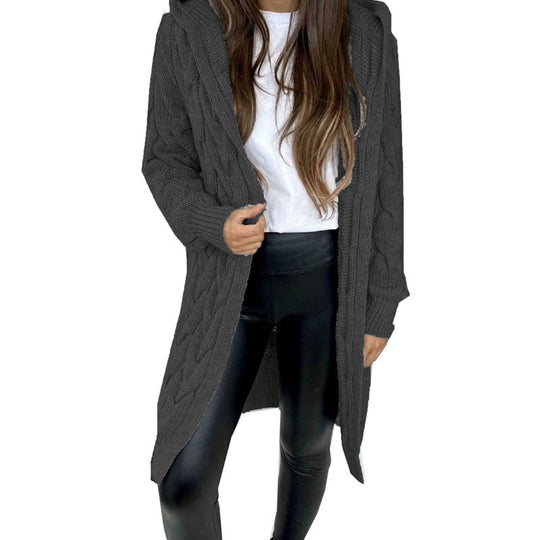 Damen lange Strickjacke mit Kapuze und Zopfmuster