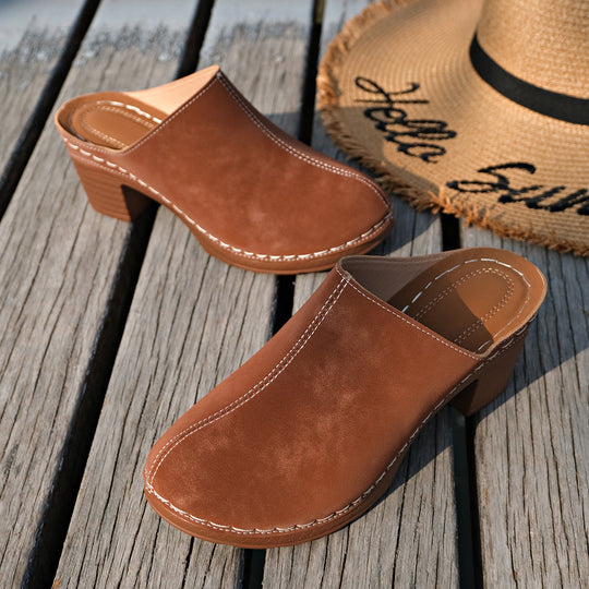 Damen bequeme Clogs aus hochwertigem Wildleder mit elegantem Blockabsatz