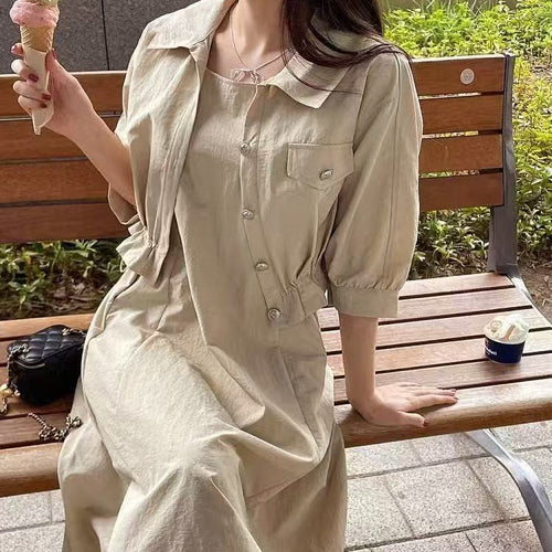 Damen Zweiteiliges Leinenoptik-Midikleid mit kurzer Jacke, tailliertem Gummizug und Puffärmeln Shop Nory