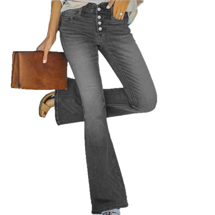 Damen taillenhohe Schlagjeans mit dekorativer Knopfleiste und sculptendem Sitz Shop Nory