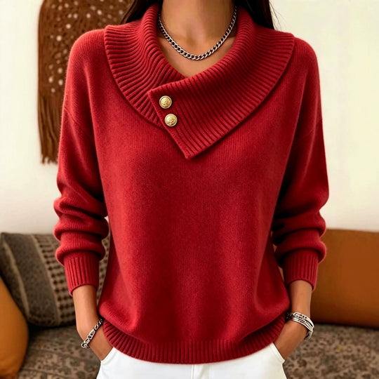 Damen Feinstrick-Pullover mit überlappendem Schalkragen und Zierknöpfen Shop Nory